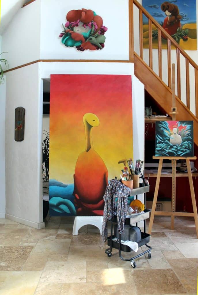 Studio scene in Brittany with unfinished sculptures and paintings