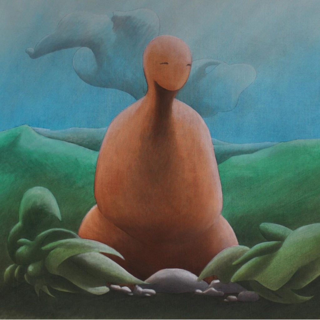 Faceless figure painted on a vast canvas with muted earth tones