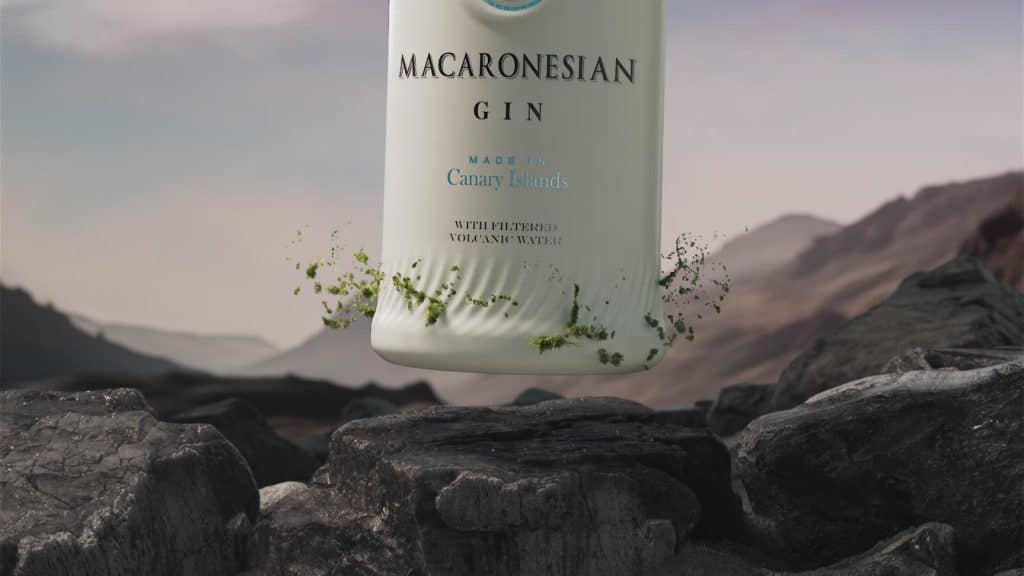 Key visual of Macaronesian Gin bottle surrounded by abstract volcanic elements