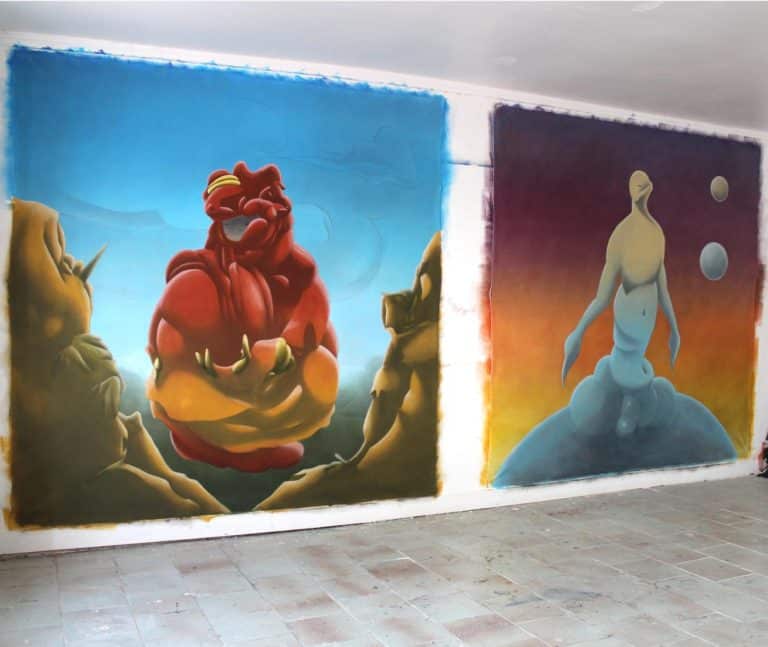 Fabien Bouguennec paints faceless figures in metaphysical landscapes Gallery installation of multiple faceless figures under soft lighting