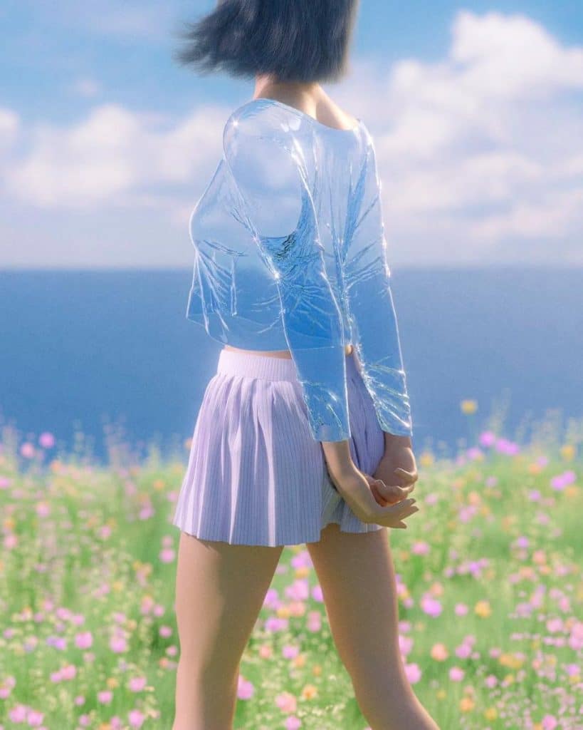 Dreamy 3D scene of a girl with soft light