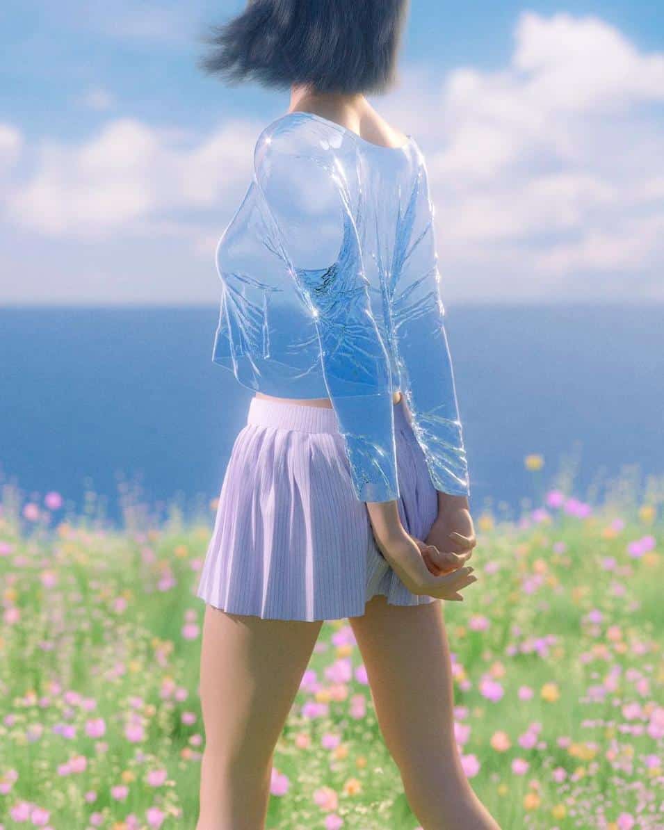 Dreamy 3D scene of a girl with soft light