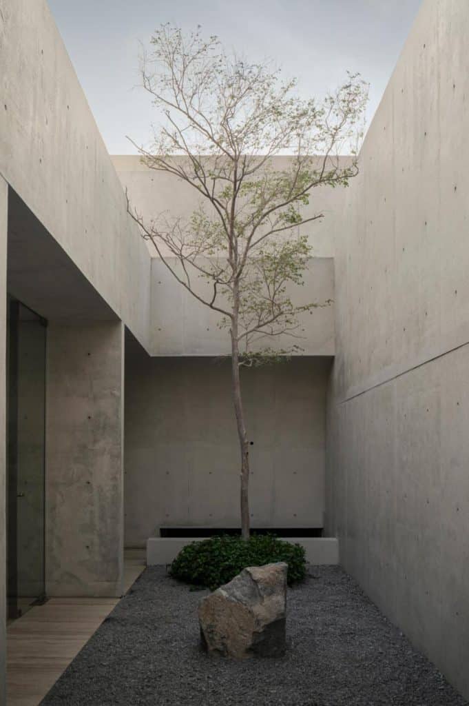 Casa Tao facade angled toward a tree lined plaza