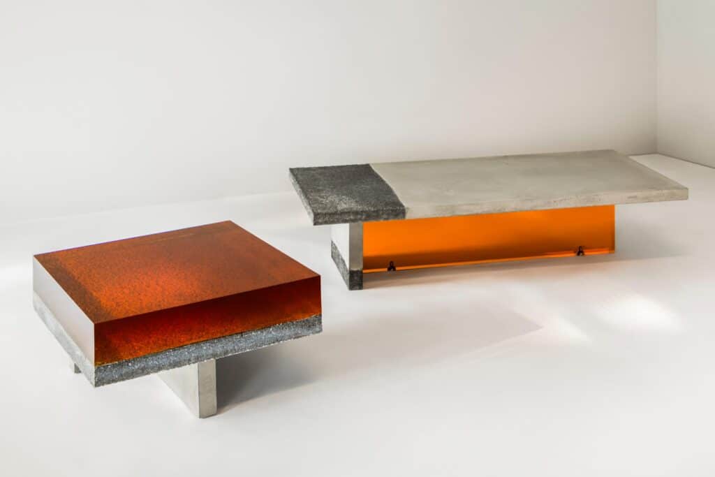 Detail of Cava sculptural table revealing resin transparency and texture
