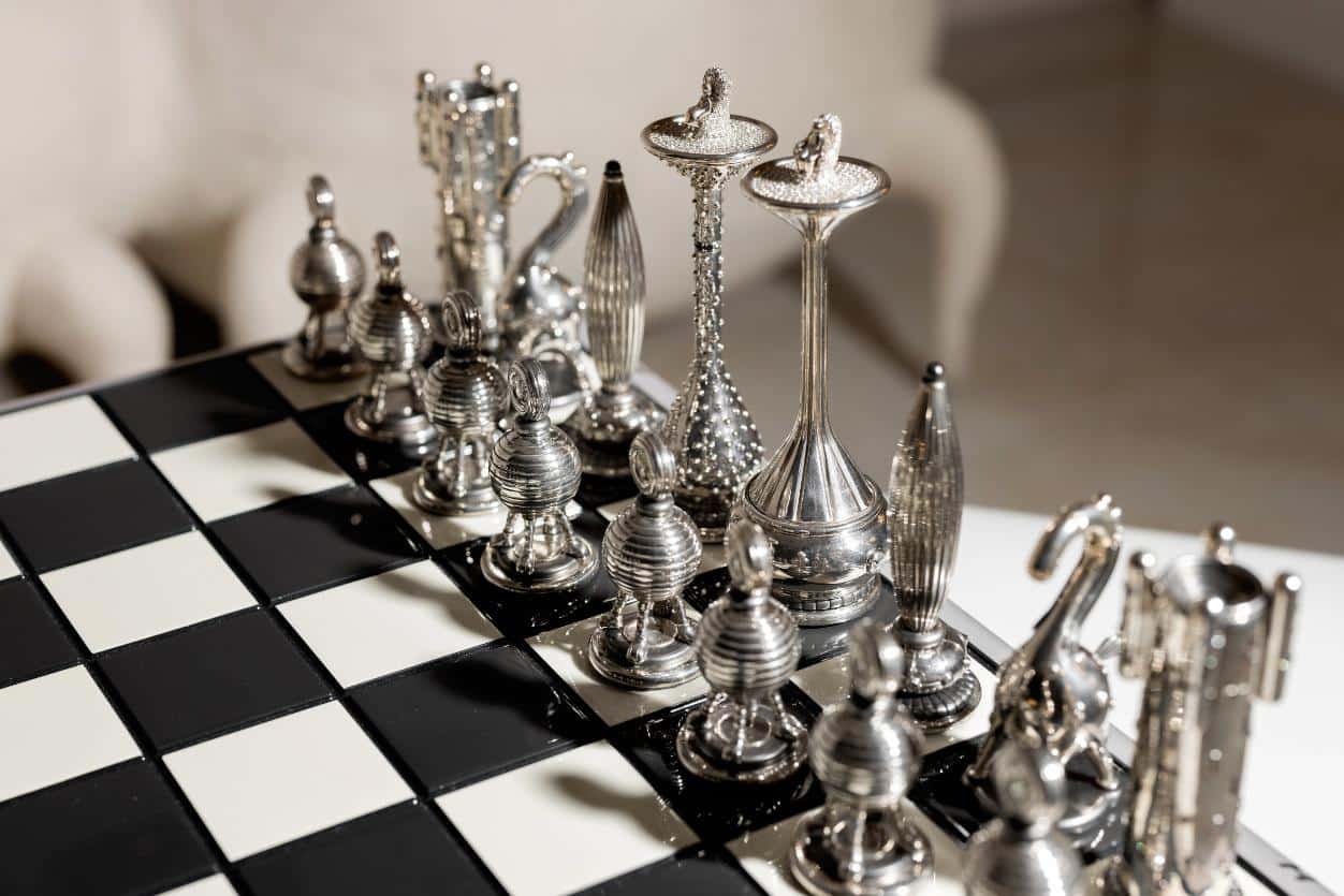 Close-up of a diamond-inlaid chess piece from Another Kingdom Diamond Age collection