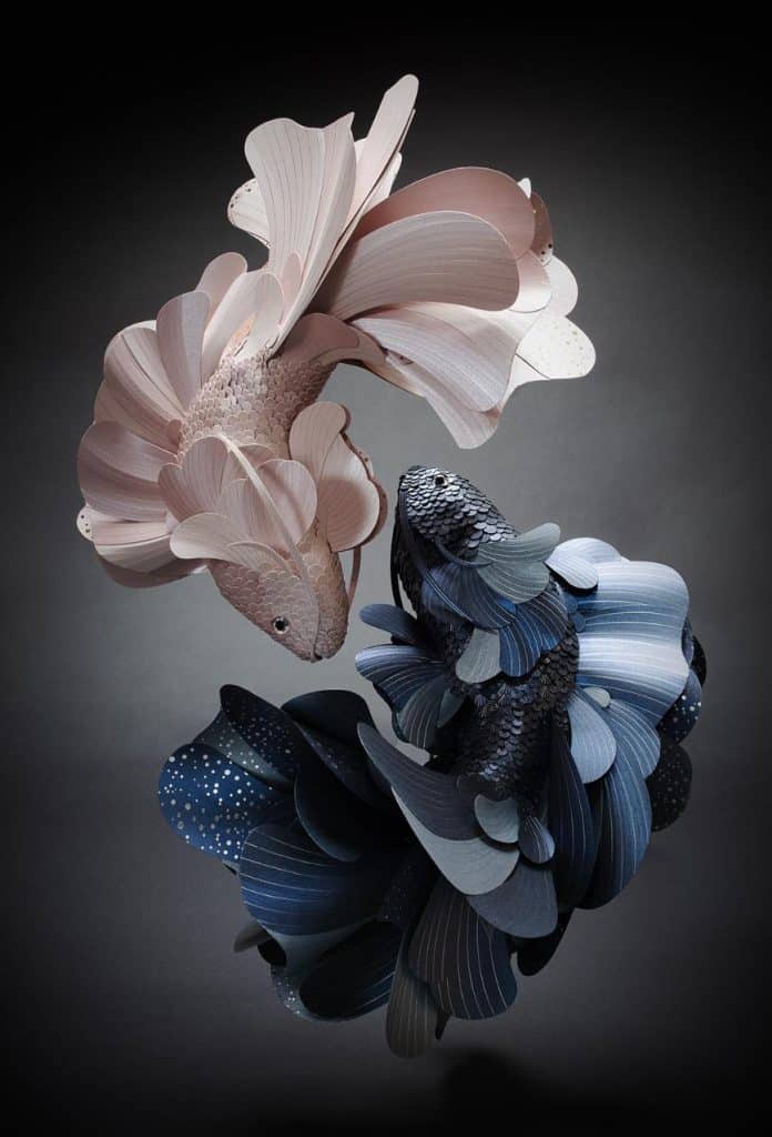 Paper sculpture of two fishes with textured layers and vivid tones