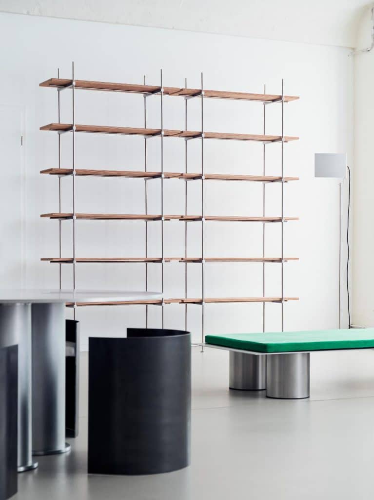 A seven-level configuration of the modular shelving system in a living space