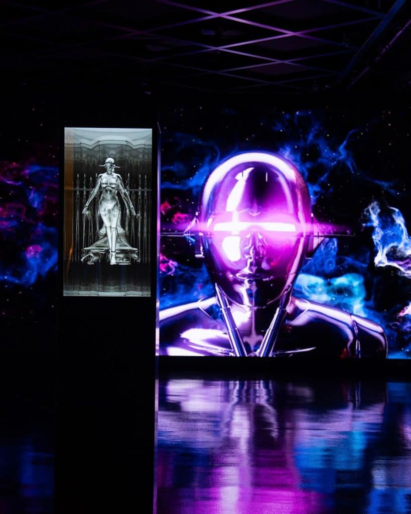 Close-up of interactive digital screen showcasing Sorayama’s futuristic design