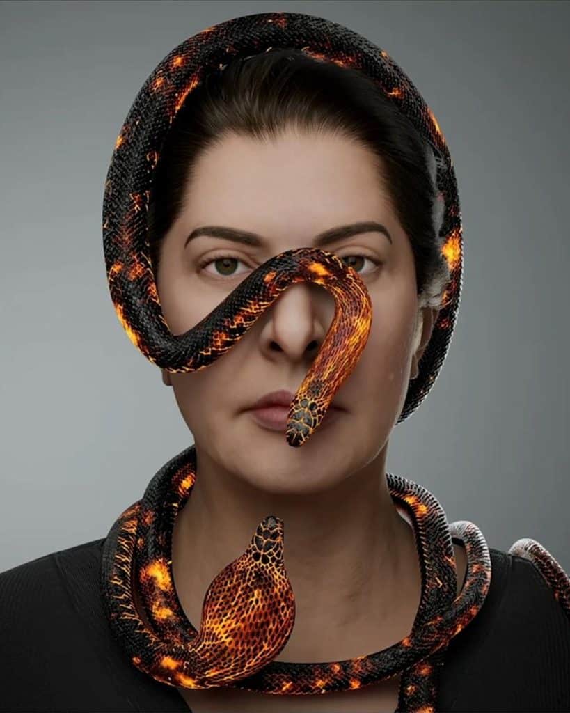 Digital portrait of Marina Abramović with a snake on her face