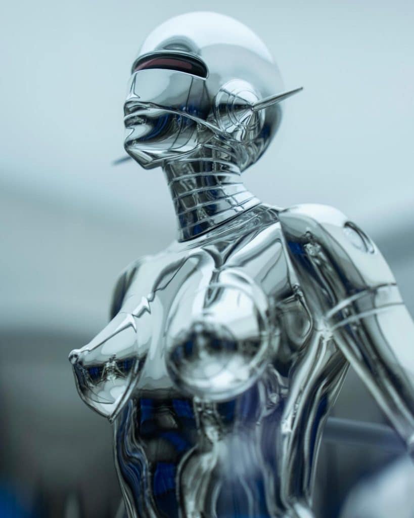 Chrome figure installation by Hajime Sorayama