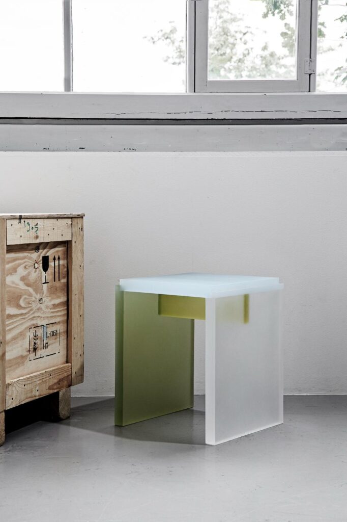 Poly Table by Birgitte Due Madsen showing translucent resin layers shifting with light
