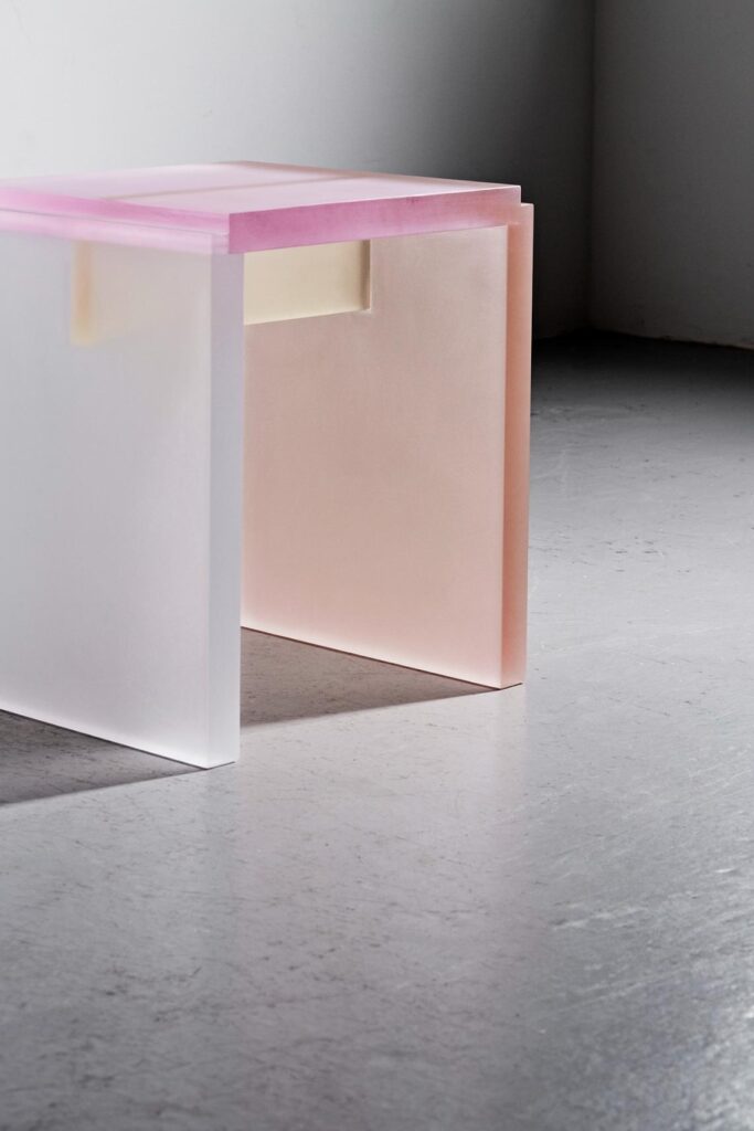 Close-up of Poly Table surface revealing subtle polychrome gradients in resin