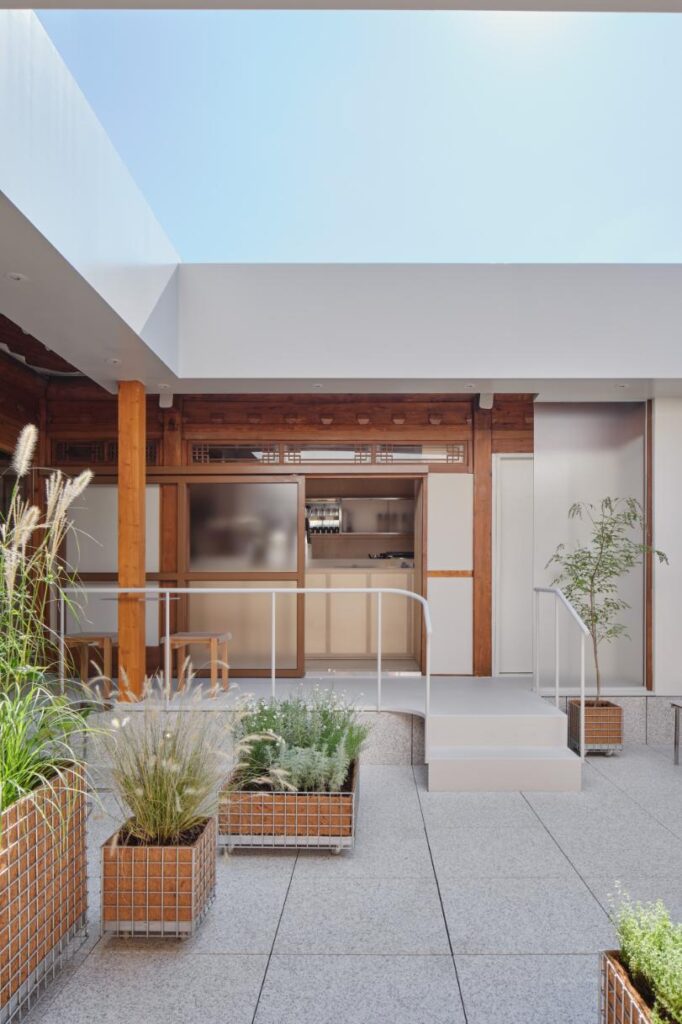 Courtyard view with raised floor level and potted plants guiding movement
