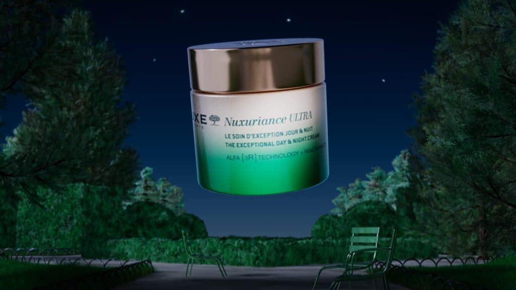 CGI still of Nuxe product rotating against a shifting Parisian sky