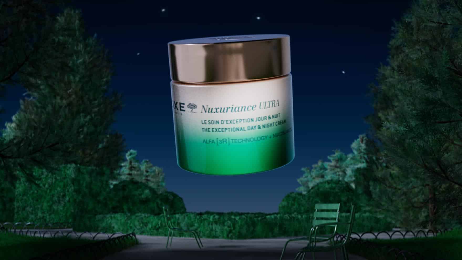 CGI still of Nuxe product rotating against a shifting Parisian sky