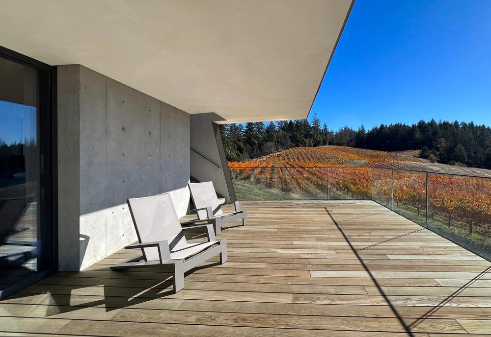 Open tasting area framed by concrete corner masses
