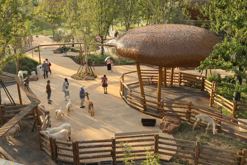 Earth-sheltered animal enclosure emerging from the hillside