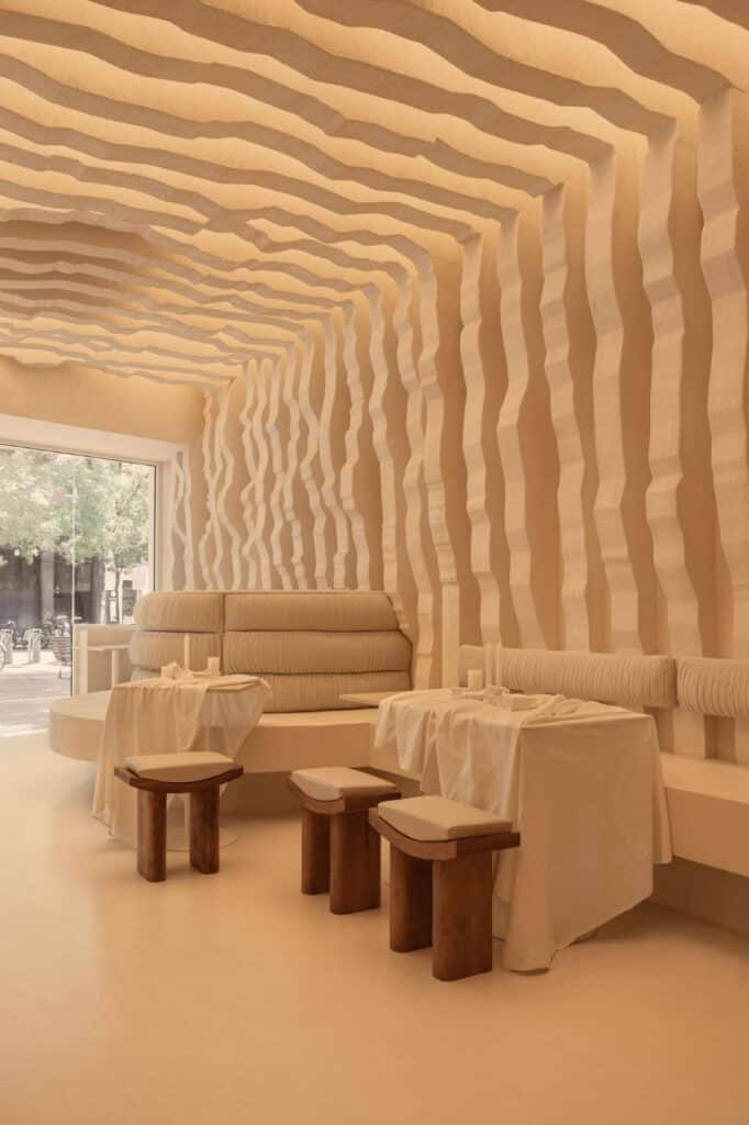 Soft beige interior surfaces illuminated with gentle ambient light