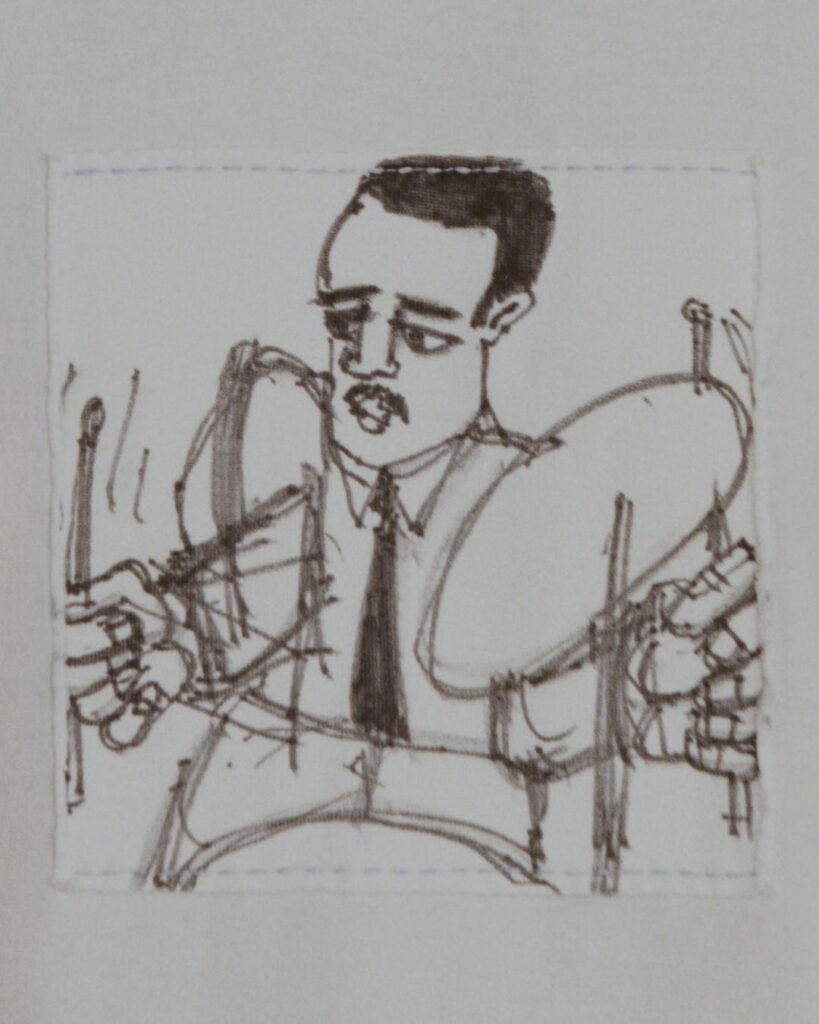 Hand drawn jazz musician artwork stitched on t-shirt