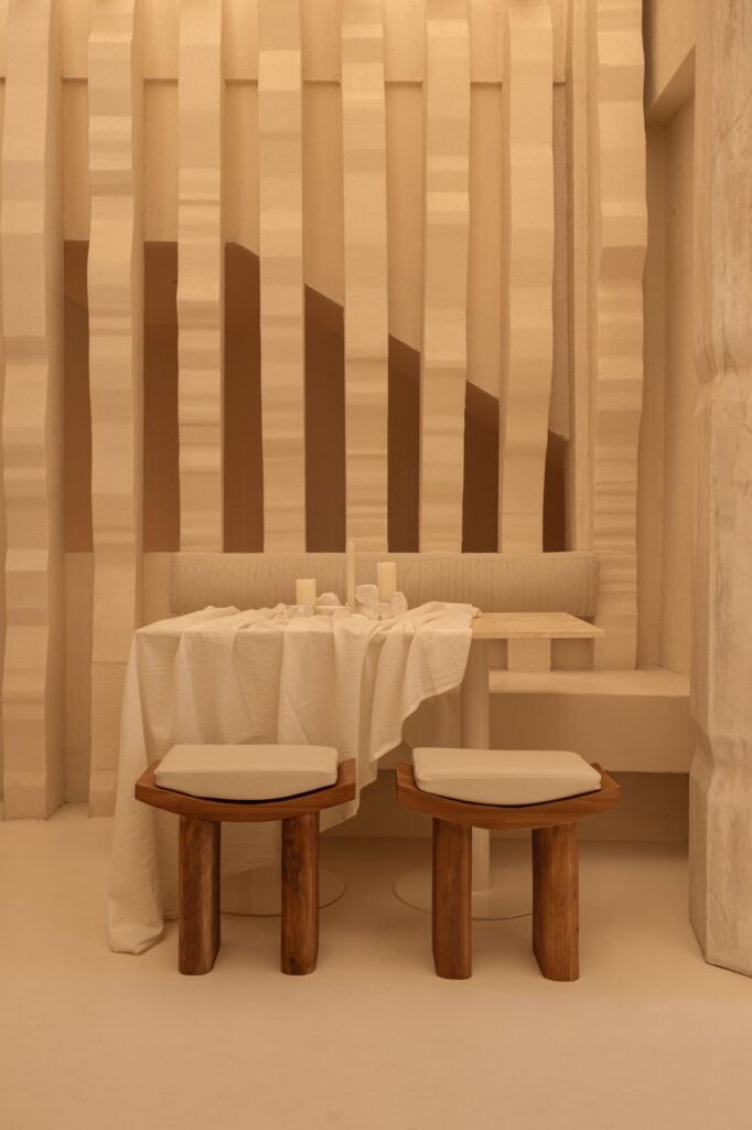 Minimal seating arrangement within the compact 50-square-meter space