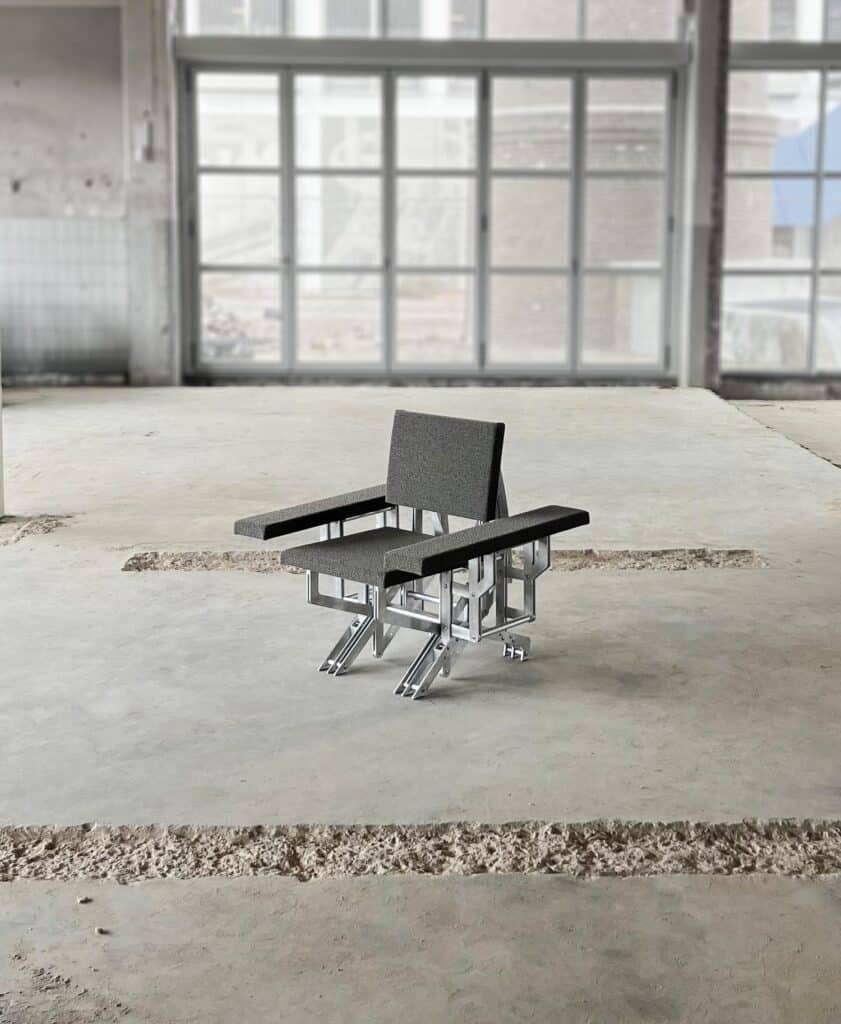 Armchair form emerging from the previously flat upholstered volume