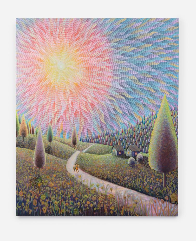 Radiant landscape painting with figures moving through wide green fields