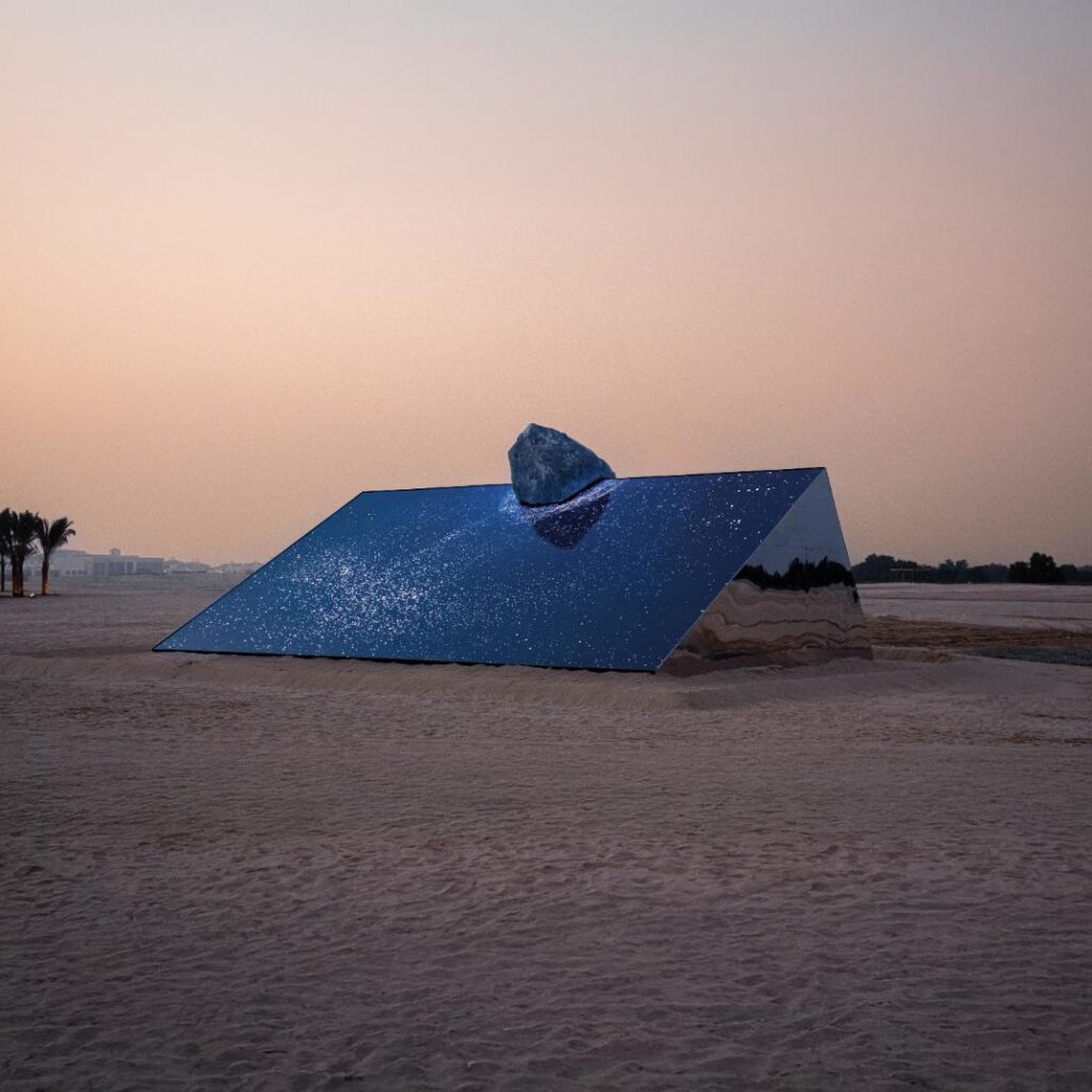 View of Skyward showing stone base and reflective plane on Jubail Island