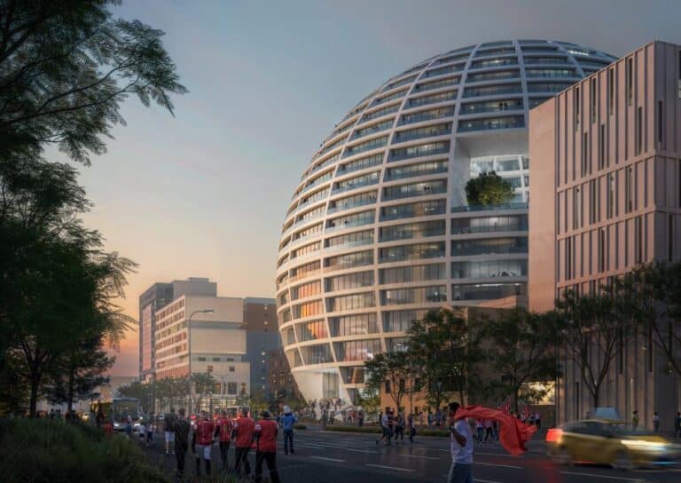 MVRDV creates "The Grand Ballroom" sports and residential sphere Exterior view of "The Grand Ballroom" sports and residential sphere by MVRDV.