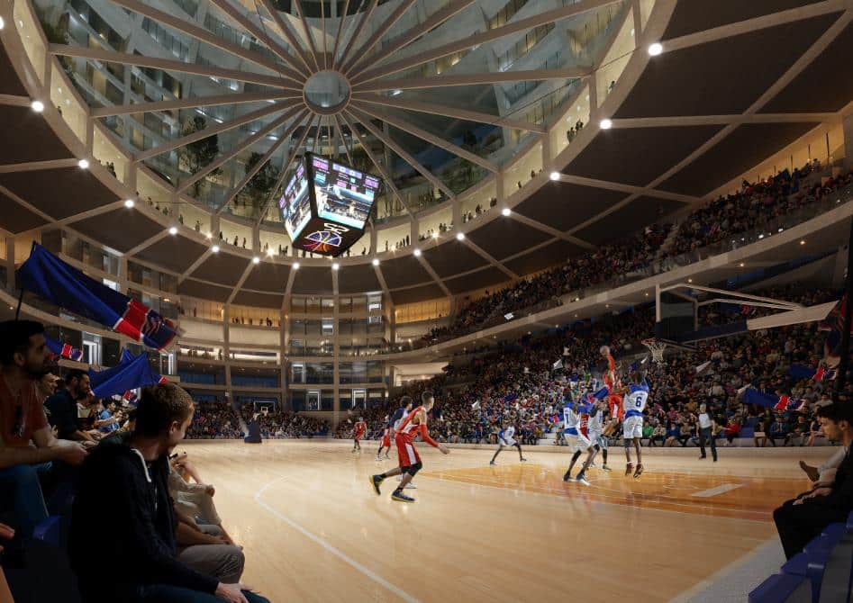 Interior view of the arena during a basketball match with spectators