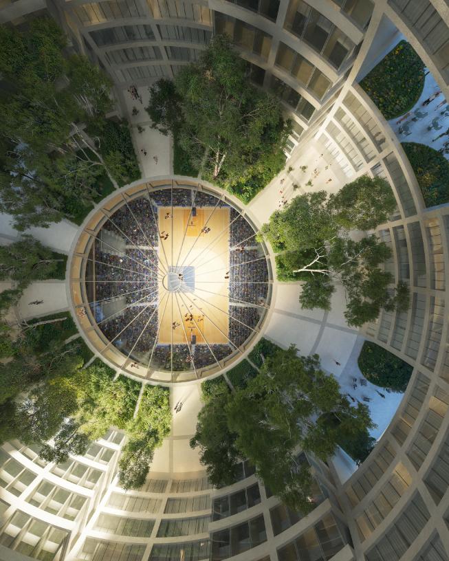 Elevated courtyard garden with trees inside the building’s upper dome