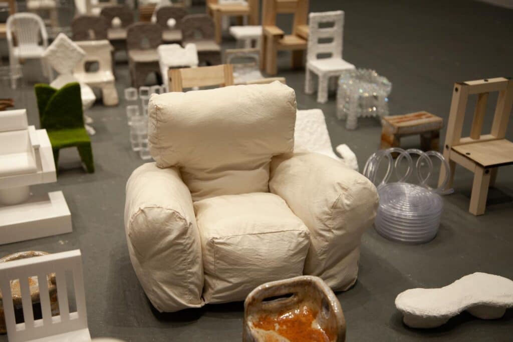 Detail shot showing mixed materials used across the installation