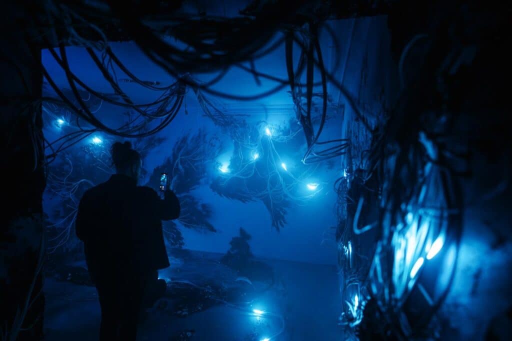 Visitors navigating the suspended forms of Tentacles