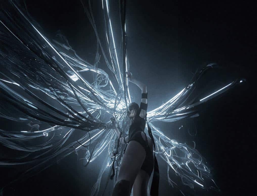 Lighting tracing the contours of Tentacles within the exhibition space