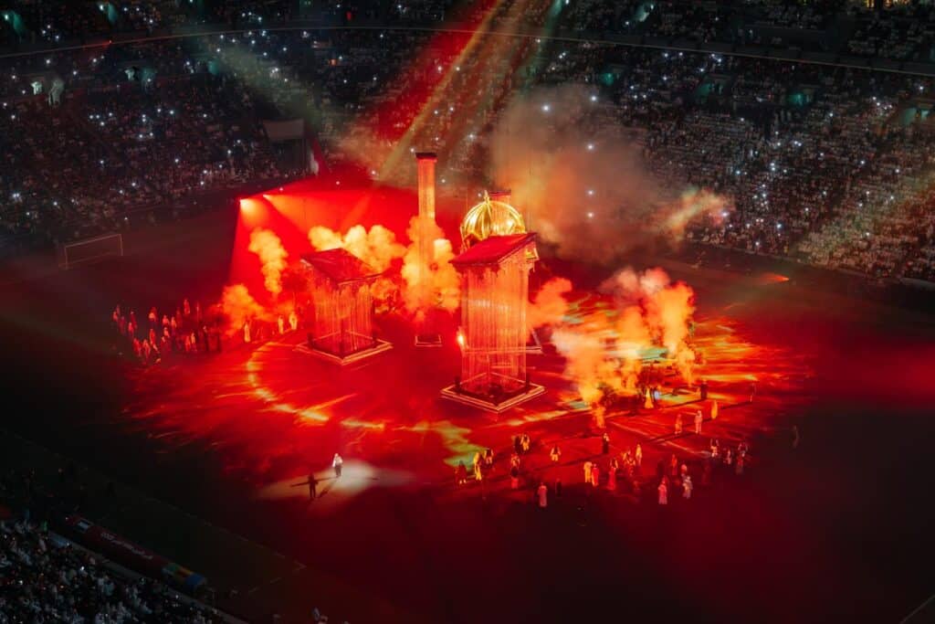 The completed levitating monument glowing during the ceremony’s climax