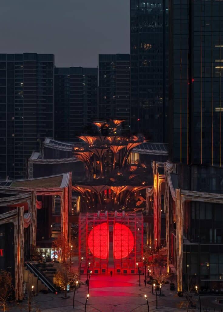 View of the two red hemispheres facing each other at night