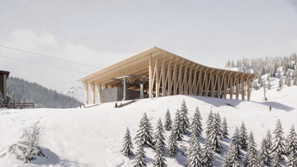 Wooden gondola station integrated into the alpine landscape of Ponte di Legno