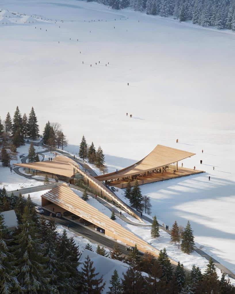 Exterior timber volumes aligned with the lakeshore of St Moritz