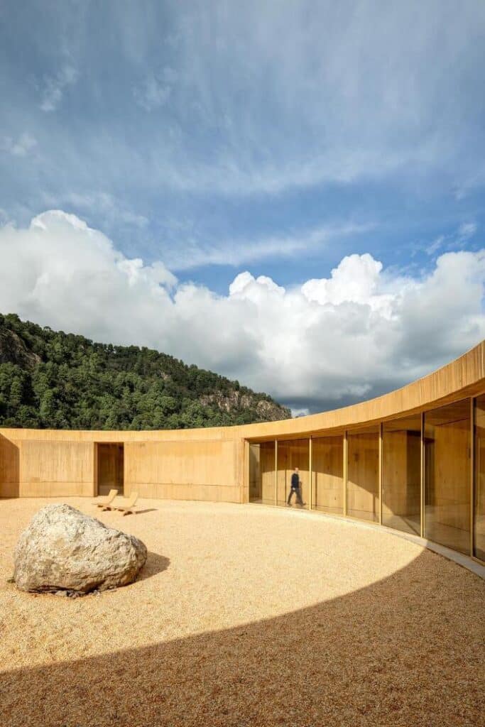 Interior courtyard showing curved circulation and open terraces