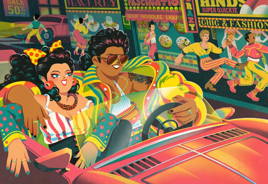 Illustration featuring layered characters and urban scenery with bold colors