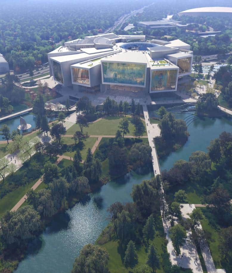 Exterior rendering showing radiating museum volumes against city skyline