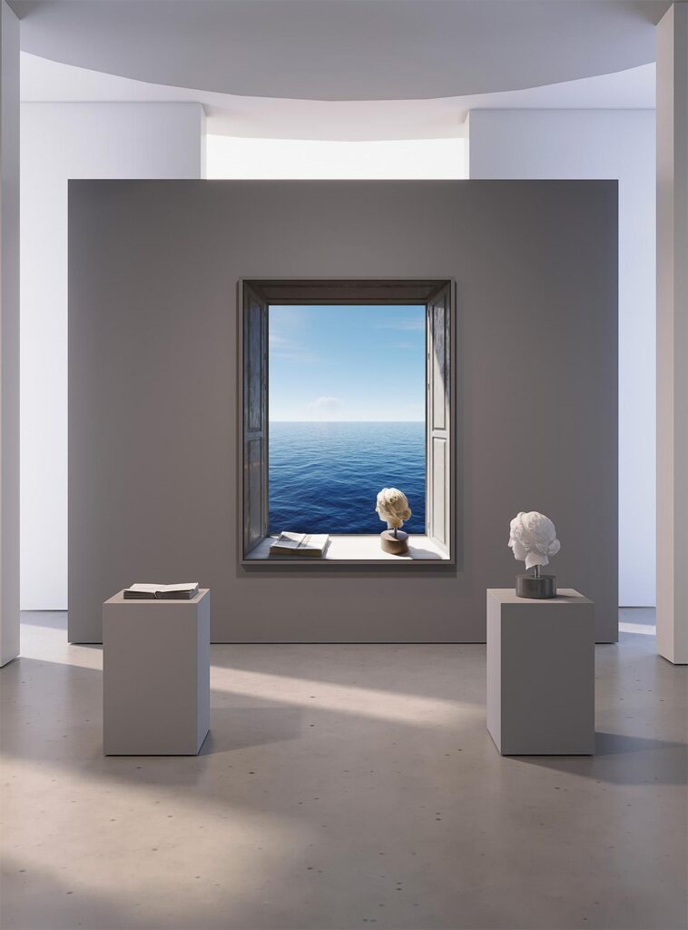 Gallery installation view showing large-scale digital prints mounted on white walls with visitors walking through the space