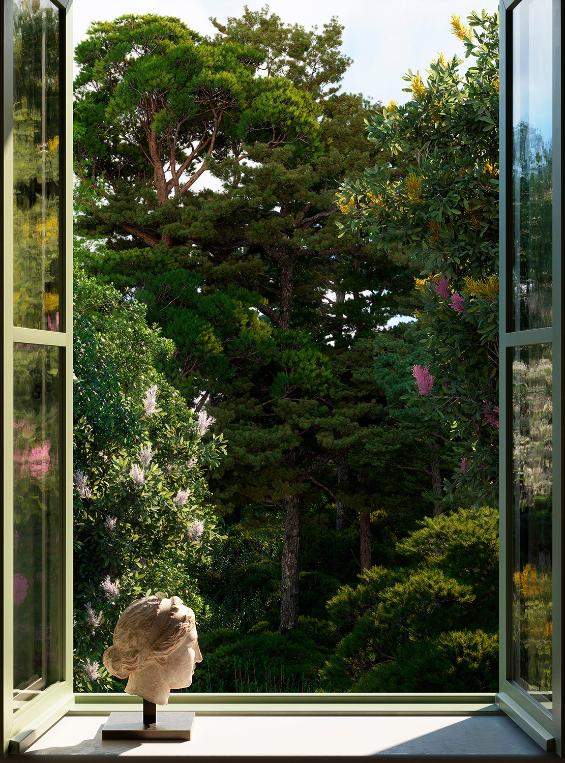Rendered scene blending classical sculpture with green landscape