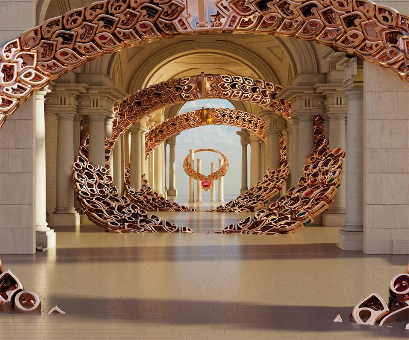 Speculative landscape combining ancient ruins with advanced bio-technological elements