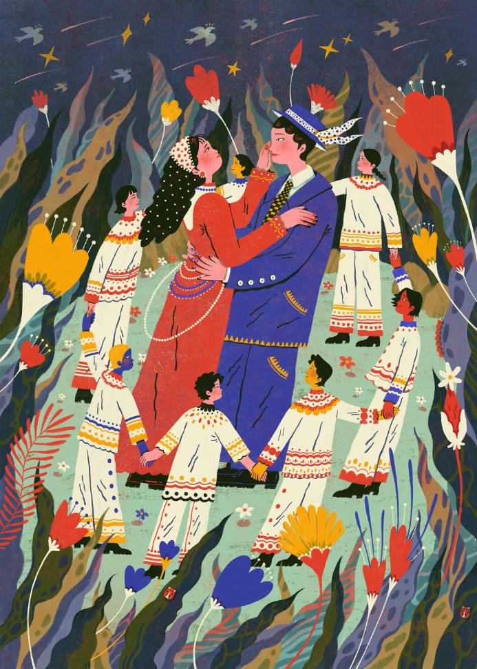 Maximalist scene depicting a festive cultural moment with dense details and overlapping narrative elements