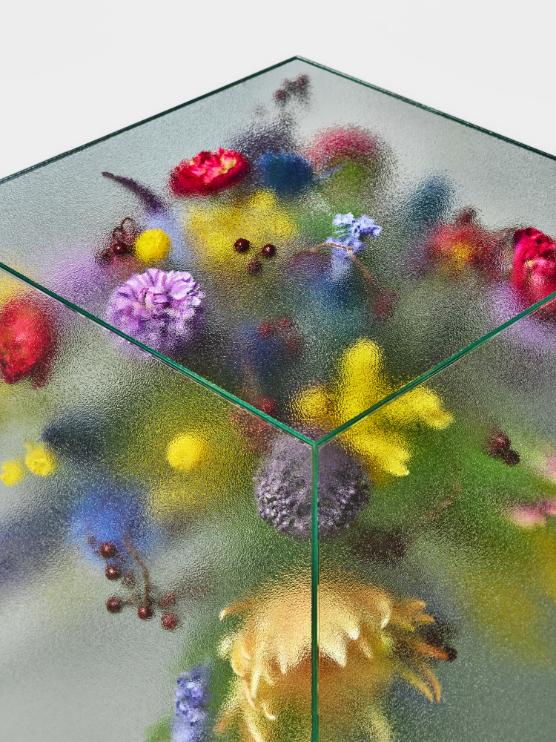 Detail showing optical distortion across repetitive glass pattern