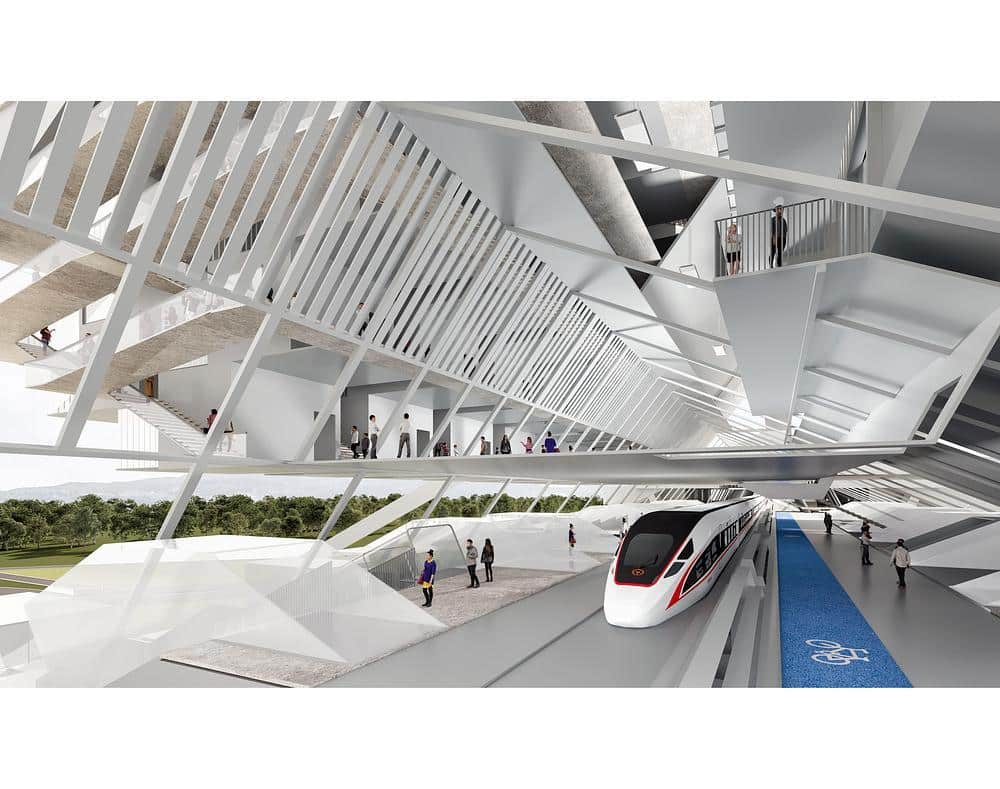 Light rail integrated into elevated urban structure