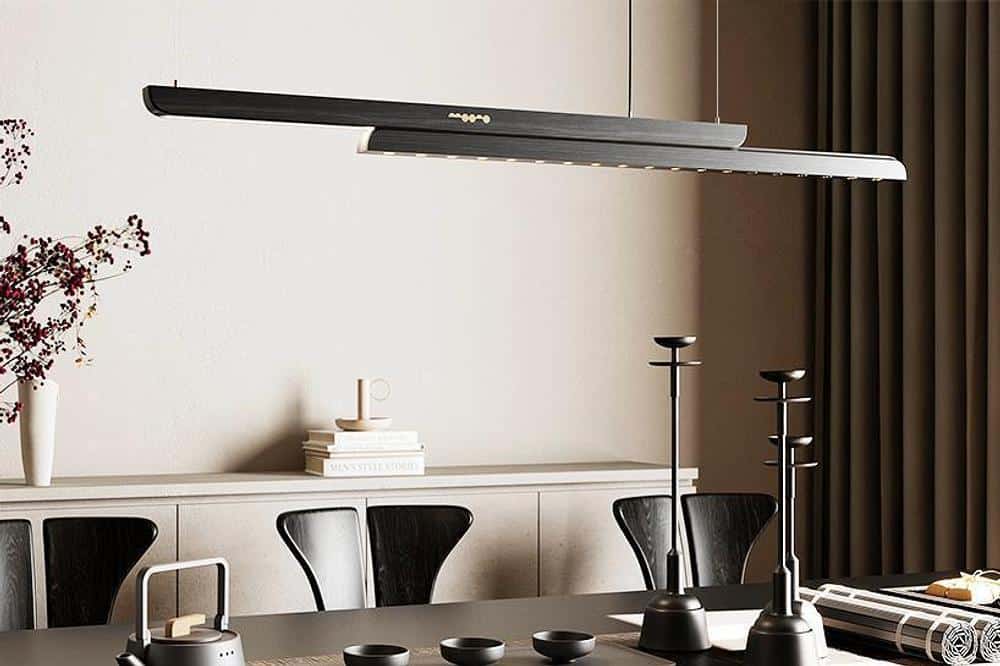 Sliding wooden pendant lamp panel partially extended