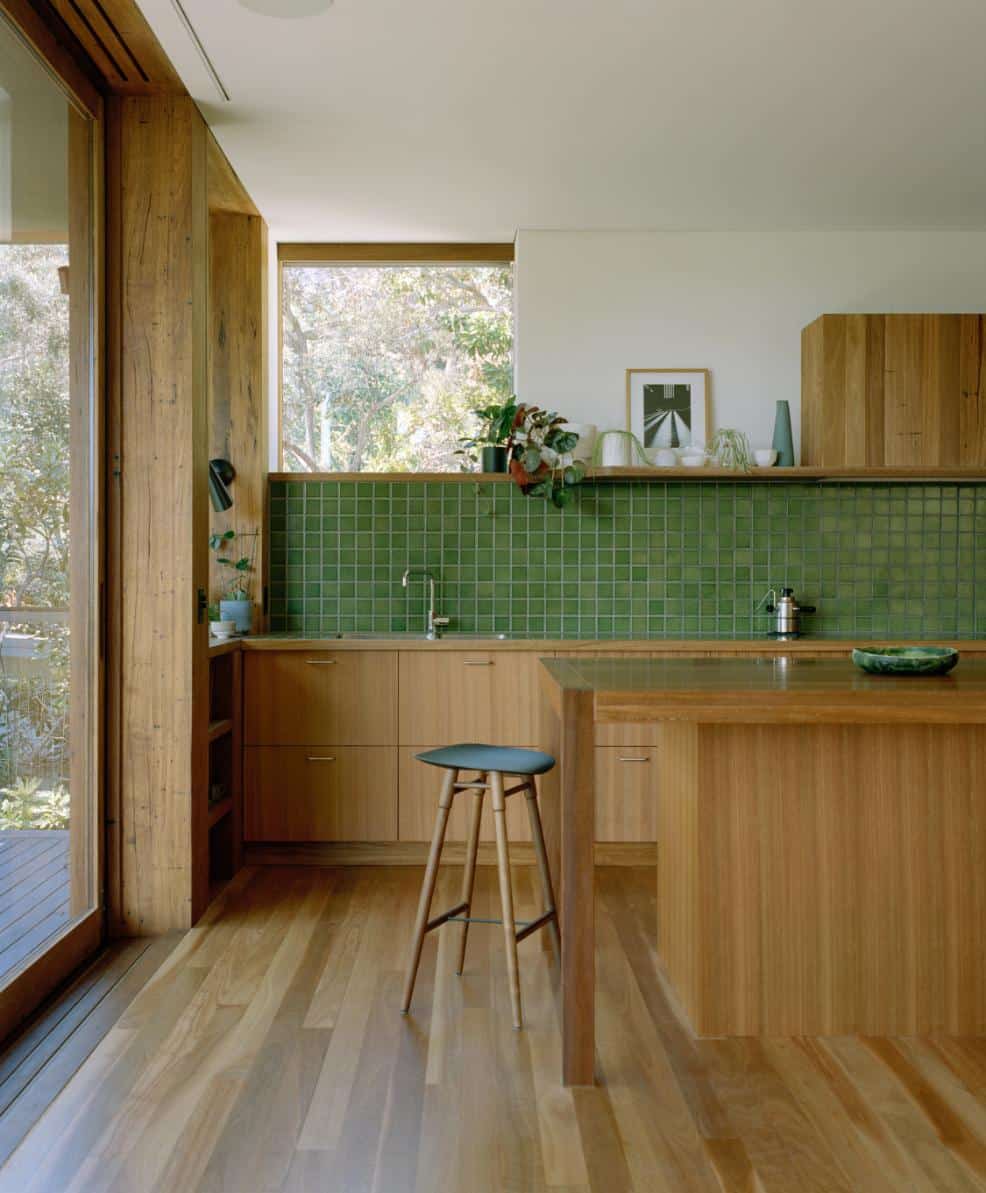 Kitchen with recycled timber finishes and garden outlook