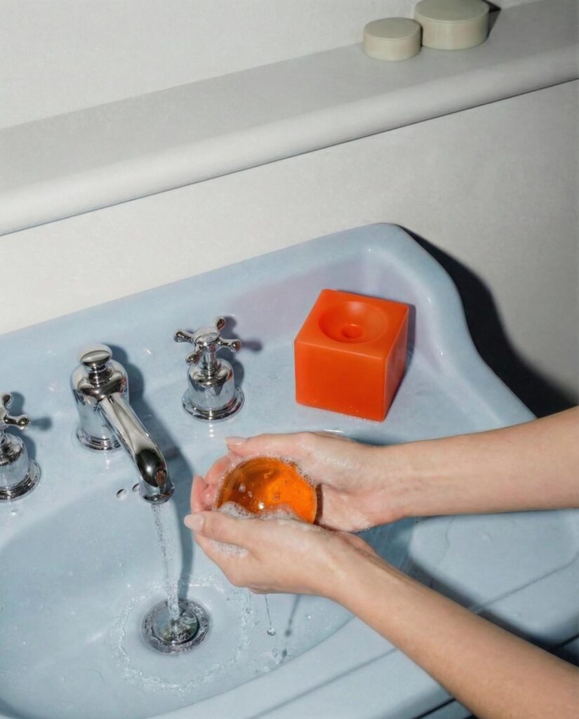 Orange spherical soap on coral translucent tray