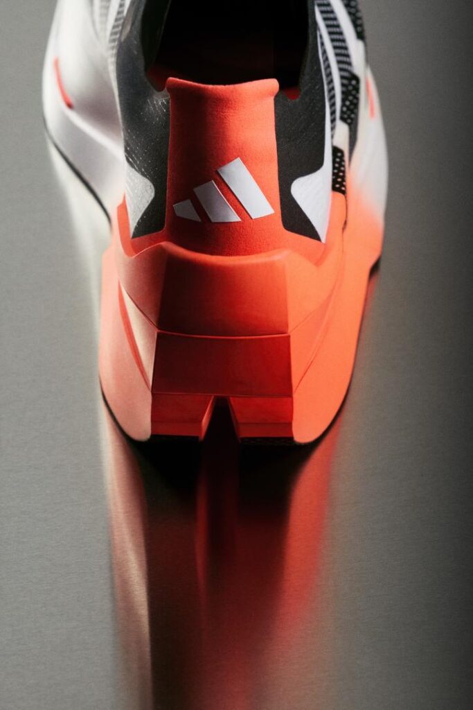 Close-up of Adizero Dropset Elite heel and midsole showing raised rear platform and stabilising rim profile